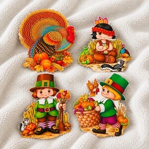 VTG 1970s Beistle Thanksgiving Cardboard Cutouts Lot Turkey Pilgrim Fall Decor